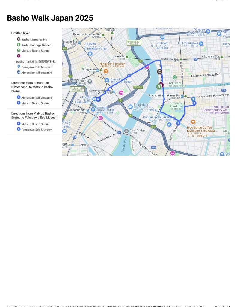 A Google Map showing the pathway to various Bashō monuments in Koto City, Japan.