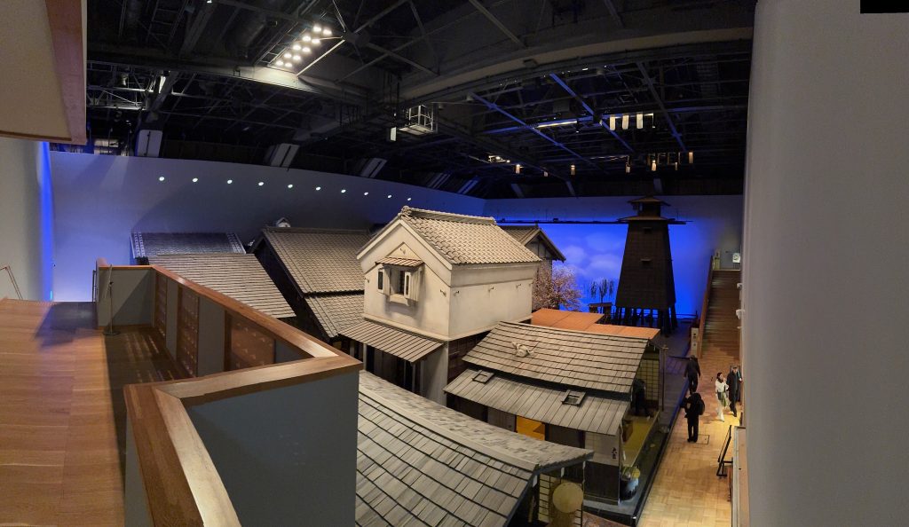 A photograph looking down on the An architectural drawing of the main display of the Fukagawa Edo Museum buildings from above.
