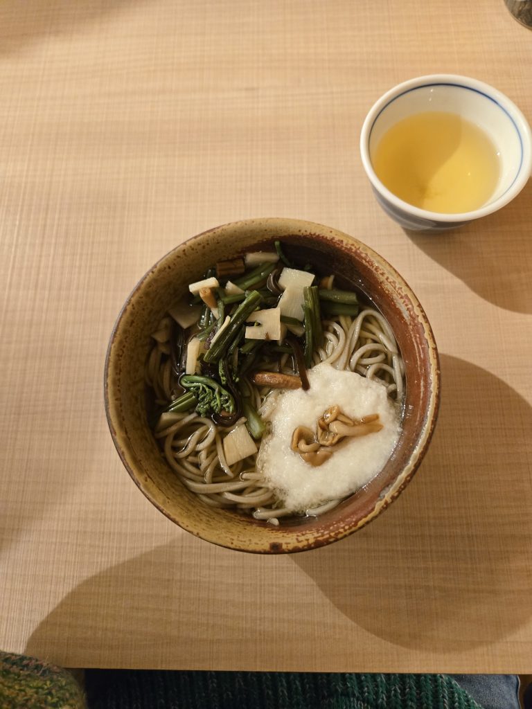 A bowl of soba topped with vegetables, small mushrooms, and grated daikon radish, and a cup of tea.