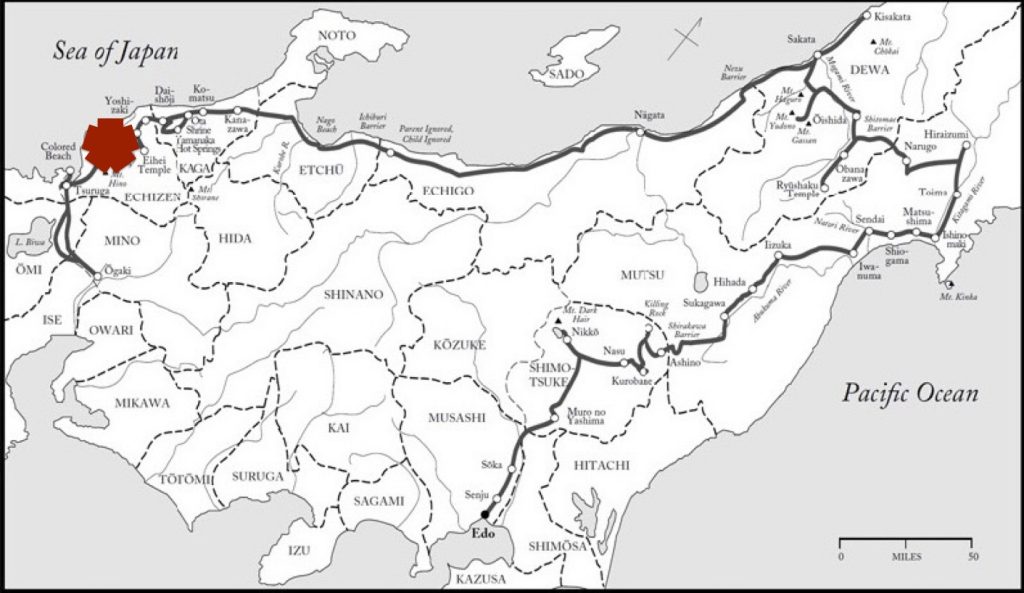 A map of Bashō's 1689 journey across northern and western Japan, with a star on Fukui Prefecture.