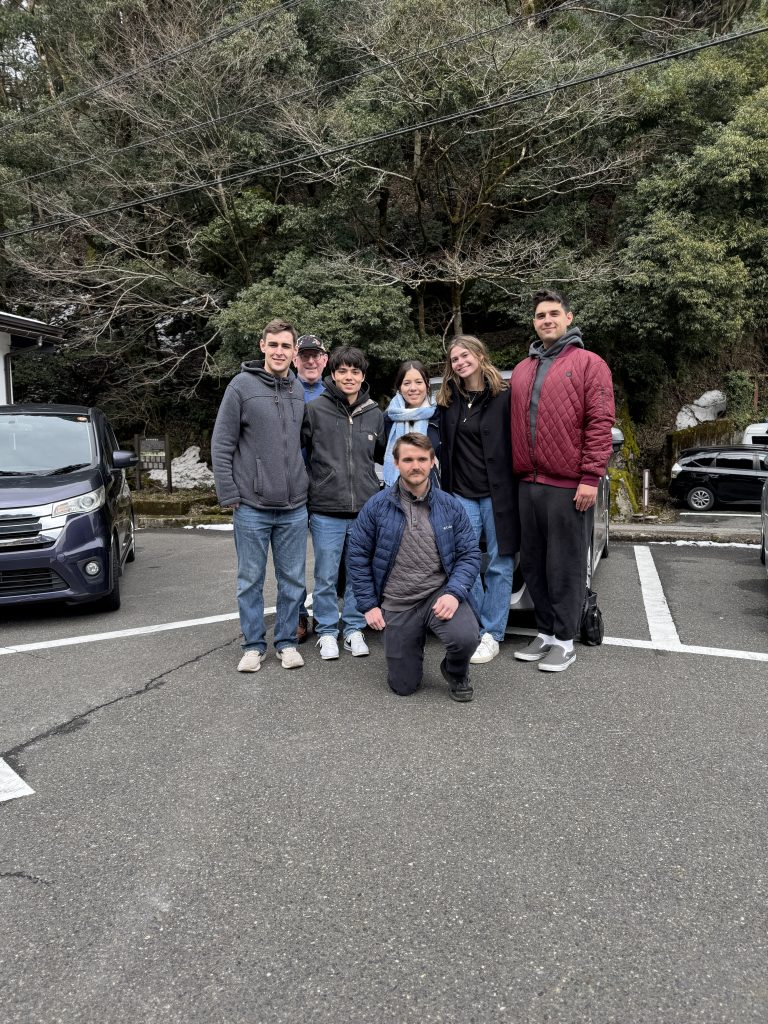 Image shows the seven members of the Bucknell Japan 2025 research group at Daihonzan Eiheiji Temple, Fukui, Japan.
