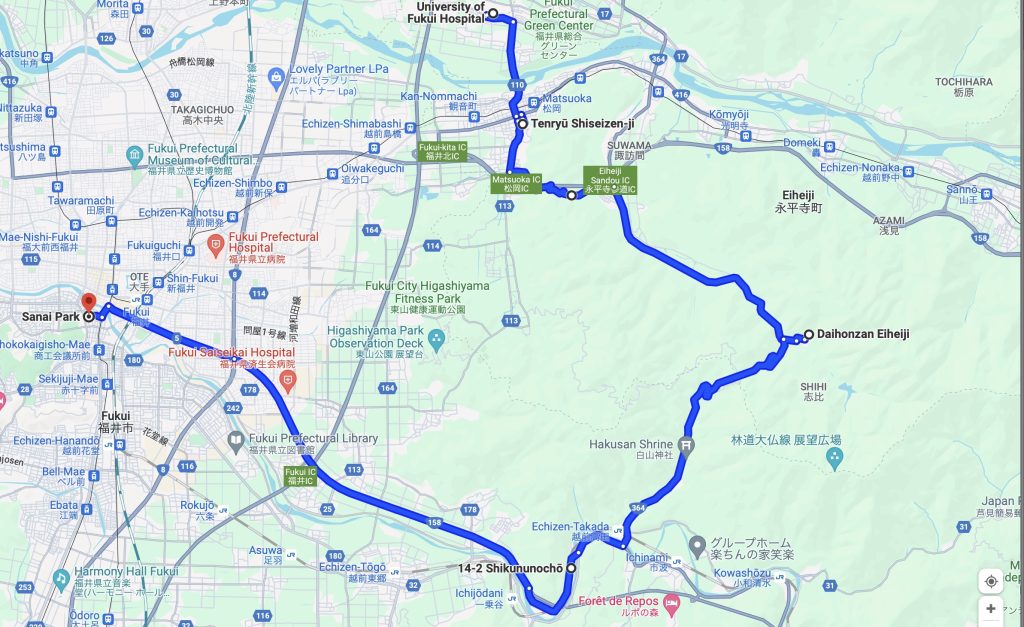 A map of the area in and around Fukui showing a route that connects the University of Fukui Hospital with Sanai Park via Daihonzan Eiheiji Park.